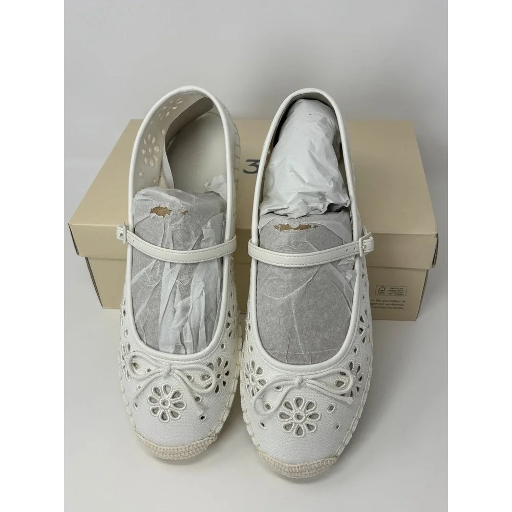 On 34th Cassieef White Eyelet Floral Mary Jane Espadrille Flats Lug Sole 10M